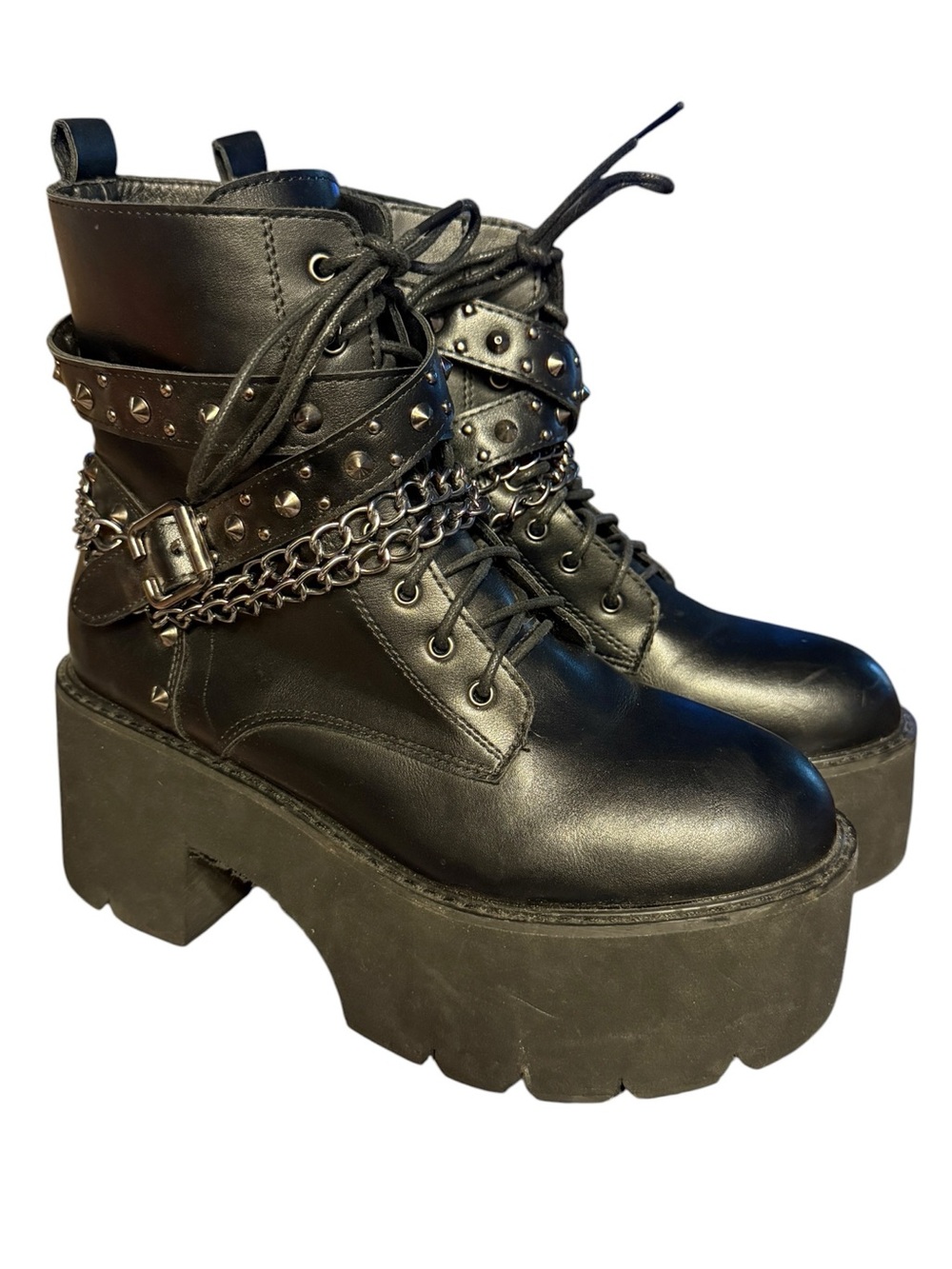 Black Platform Lace-Up Studded Combat Boots